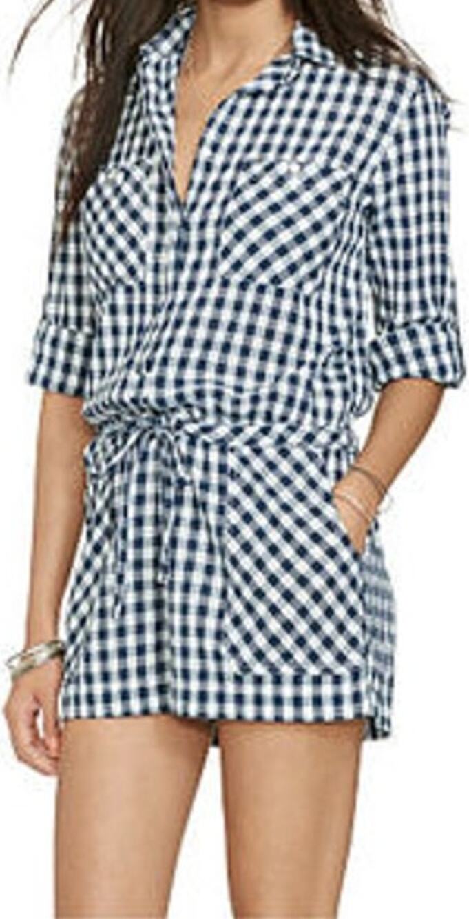 Ralph Lauren Denim & Supply Gingham Plaid Romper 3/4 Roll Sleeve Collared Medium